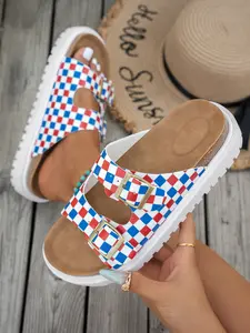 Trendy Cork Sole Sandals, Checkered Dual Strap Design, Versatile Outdoor Daily Wear Shoes, Fashionable Casual Footwear