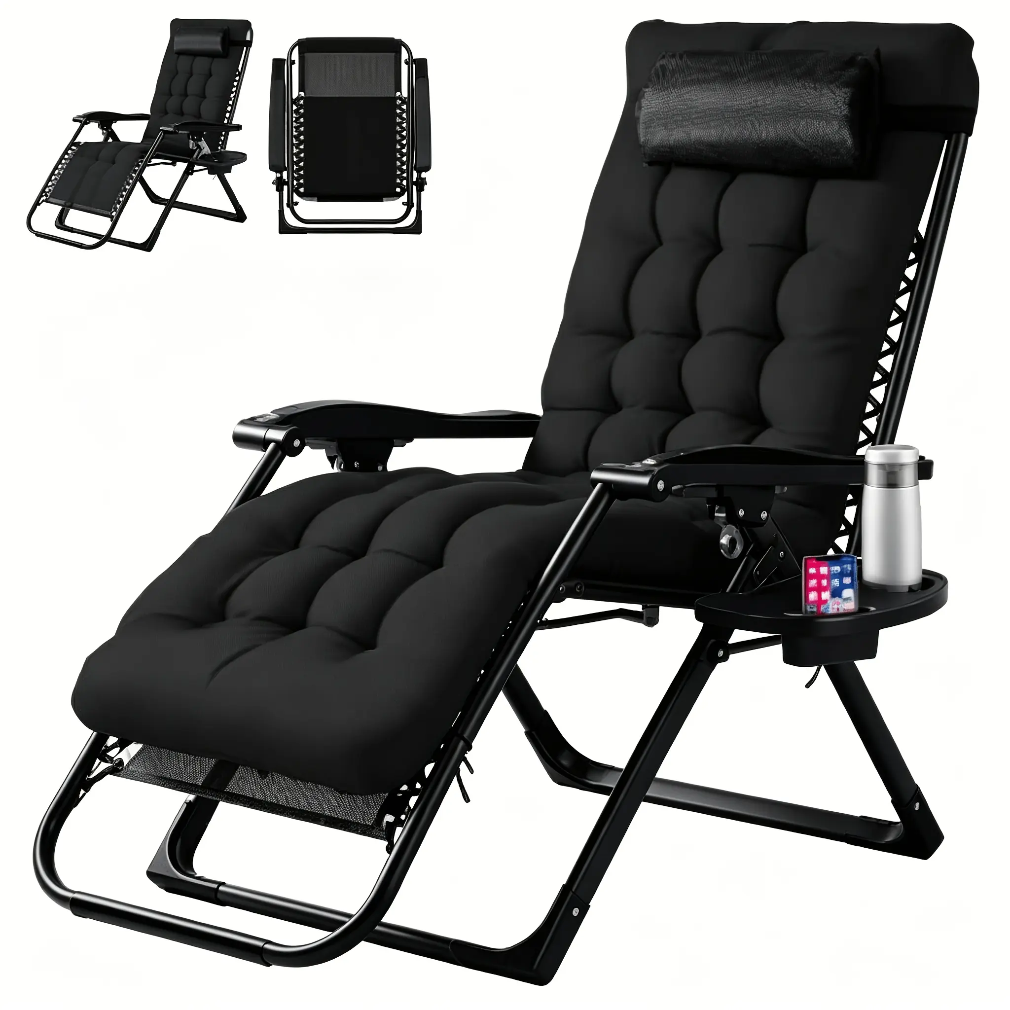 Zero Gravity Recliner, Foldable Headrests, Recliner with Cup Holder Tray And Detachable Cushion, Indoor/ Outdoor Foldable Recliner, Black/ Gray