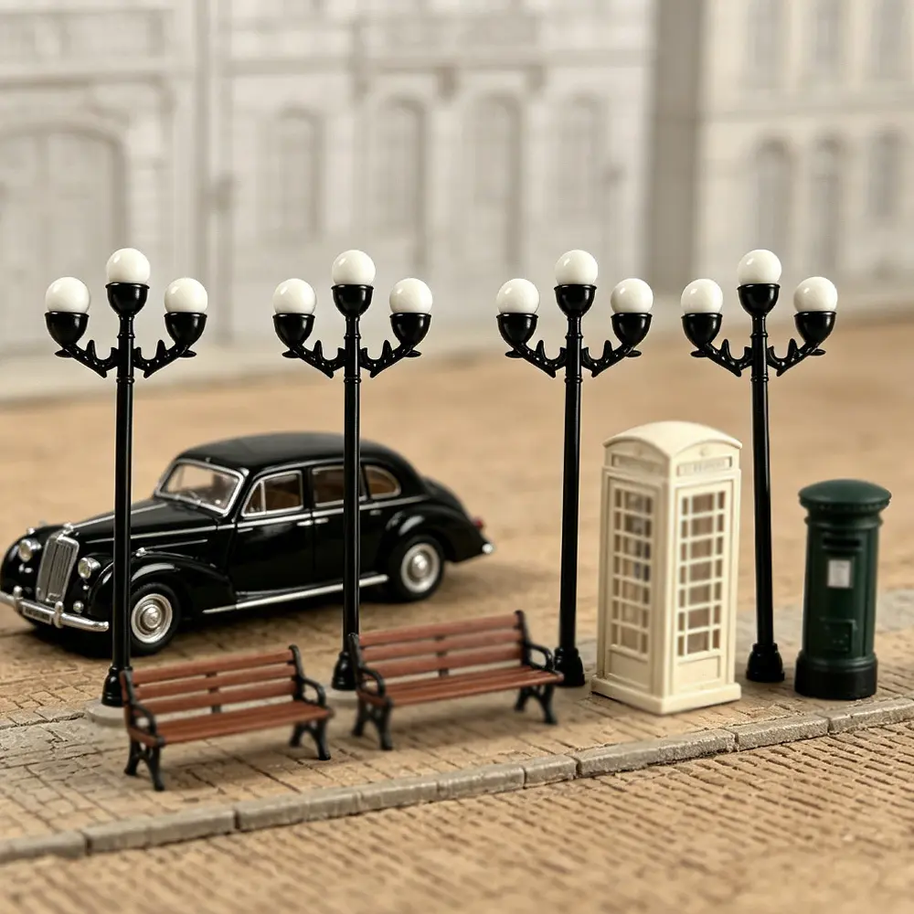 4pcs lightless circular street lamp miniature model, classic retro lighting design, suitable for homemade miniature street scenes, doll house interior matching, or home desktop creative soft decoration