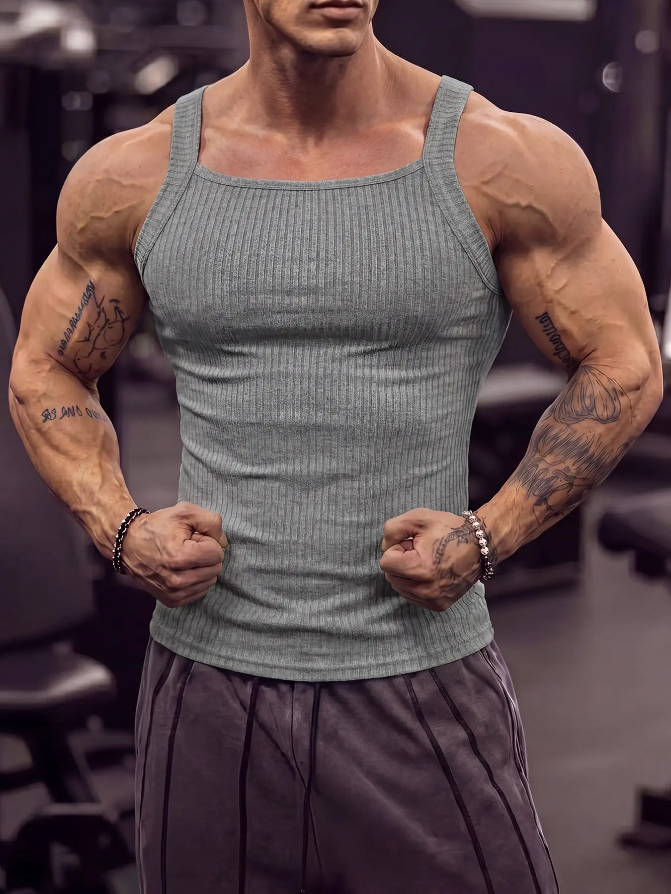 Men's Solid Ribbed Knit Square Neck Vest, Fashion Slim Fit U-Neck Sleeveless T-Shirt, Classic Minimalist Sports Top, Lightweight Casual Men's Tank for Summer Daily Wear, Home Gym Training and Casual Sports, Classic Versatile Menswear, Athletic Tank Top