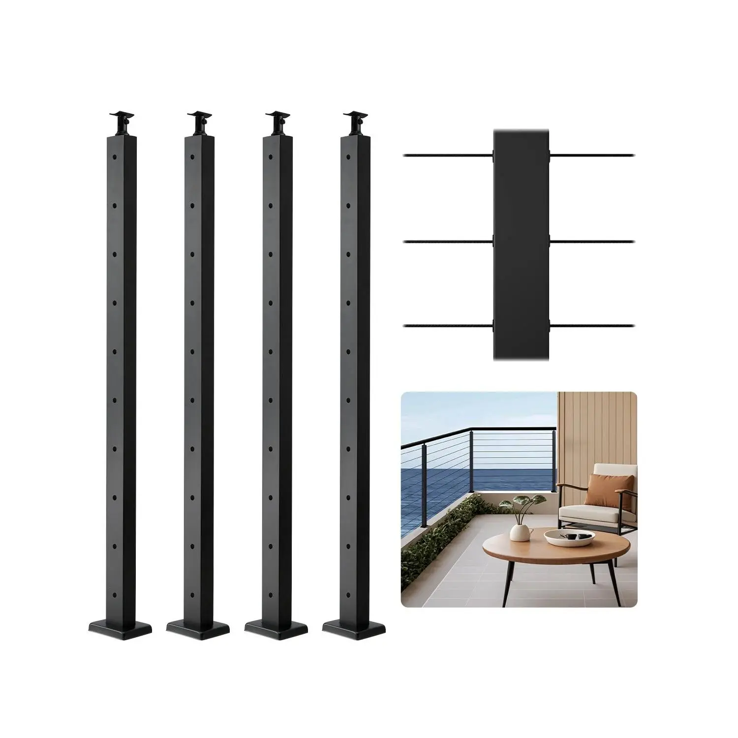 【DealsForYouDays】VEVOR 4-Pack Cable Railing Post, 36x2x2 In Horizontal-Hole Deck Railing Post with Pre-Drilled Holes, Stainless Steel Cable Rail Post with Horizontal and Curved Bracket, Black, 4JZLGZXHS914MY65M001V0