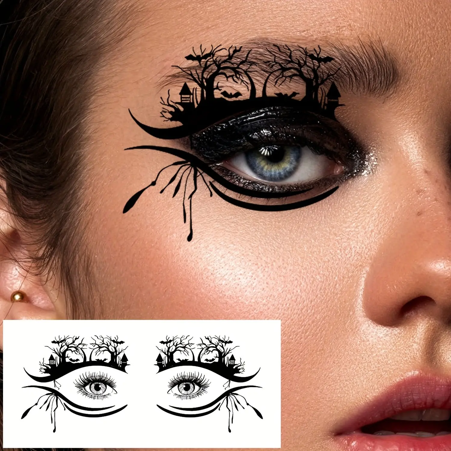 10 Halloween Eye Tattoos, Skull Pumpkin Cat Bat Spider Web Designs, Temporary Face Makeup Stickers for Halloween Party Fun