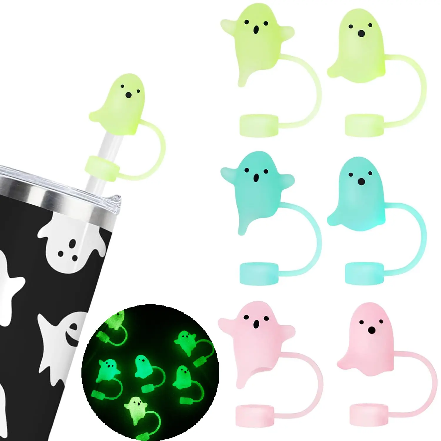 6 Pack Halloween Ghost Silicone Straw Toppers Covers, Drink Cover, 10mm/0.4In Luminous Cute Design Straw Cap for Stanley Cup 20&30 & 40 oz Tumblers, Funny Tumbler Accessories for Halloween Decorations & Gifts
