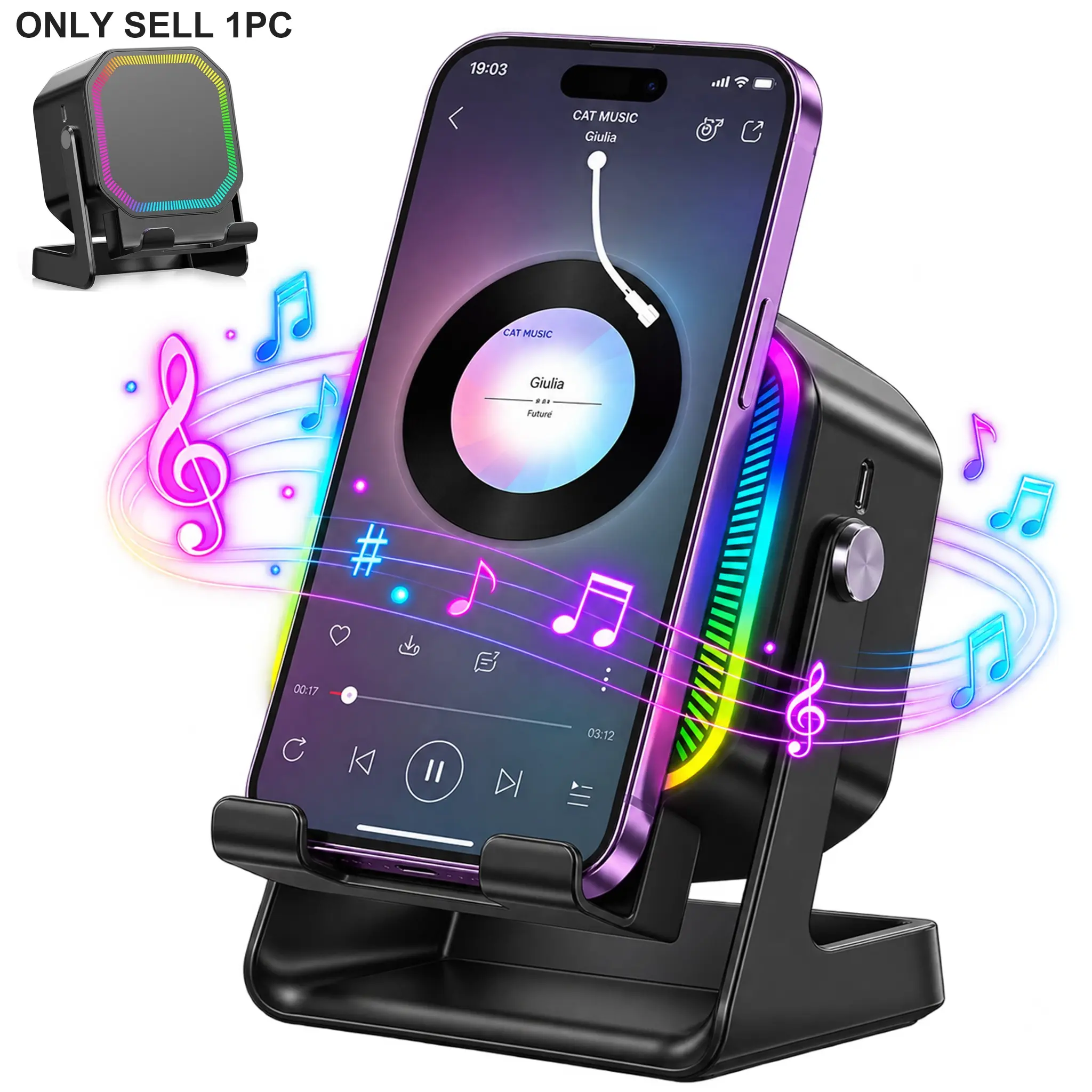 【Black Friday】4-in-1 Wireless Induction and Bluetooth-Compatible Speaker with Phone Stand, Stereo Sound, 1500mAh Rechargeable Battery, Multiple RGB Lighting Modes, 360° Adjustable Holder for iPhone, Android Phones & iPad, Gift for Men and Women