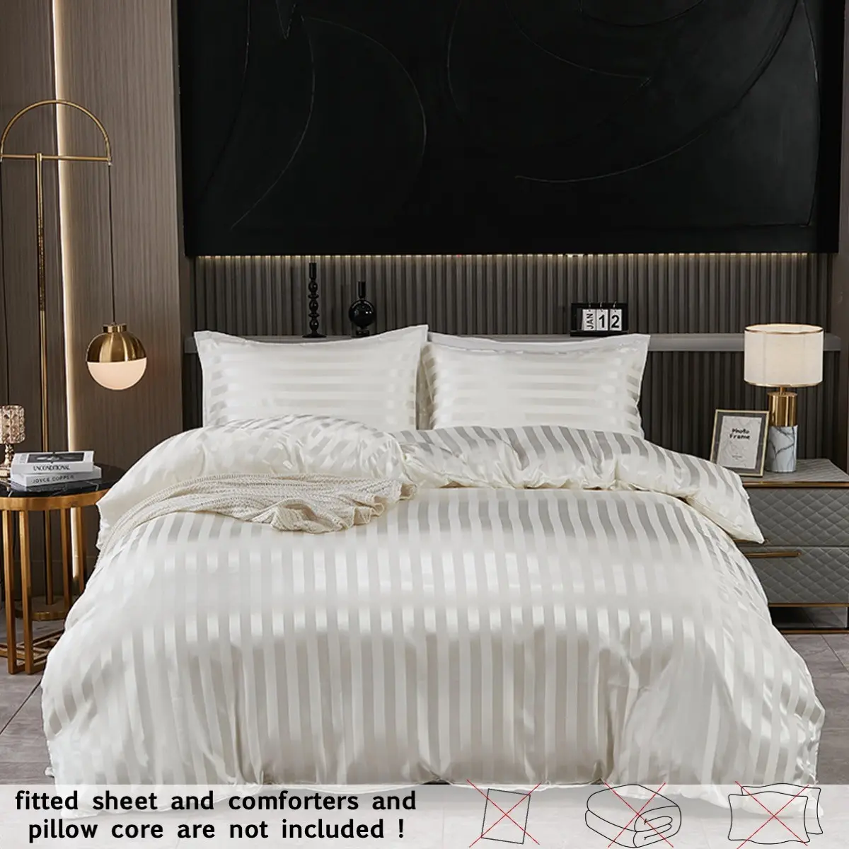 2/3PCS White Hotel Style Duvet Cover Set, Satin Stripe Texture Comfy Bedding Sets with Hidden Zipper, Breathable Soft Comforter Cover & Pillowcases for Bedroom, Guest Room & Apartment, Striped Bedding Set