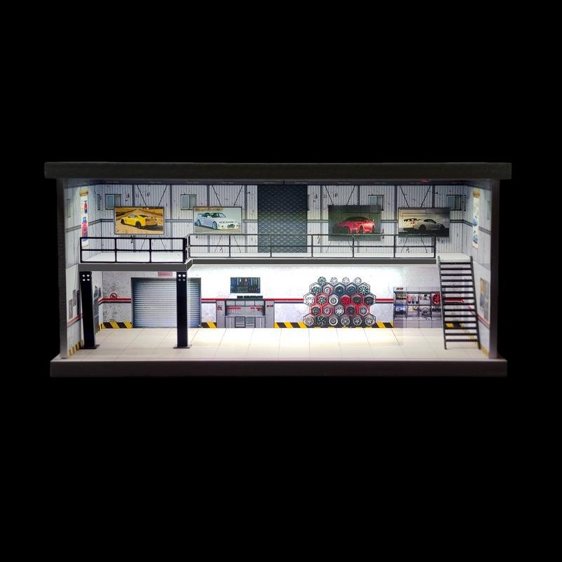 Diorama 1/64 Car Garage Model LED Lighting City Repair Workshop Two-storey Car Parking Lot Scene Display Model Collection Gift Toy