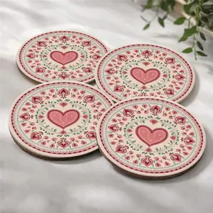 4PCS Romantic Wooden Coasters | Vintage Floral Heart Design | Coffee Station Decor | Eco Durable Heat Resistant | Wedding Anniversary Gift | Home Bar Accessory 🎁