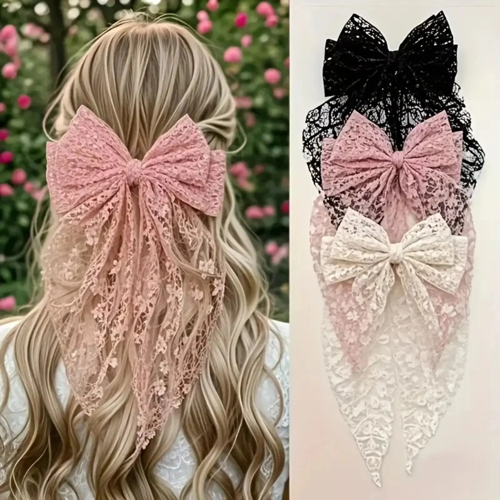 Women's 3-Pack Pretty Bow Bow-Tied Hair Clips - Black and Pink Ribbon Elegant Durable Lightweight Accessories for Styling, Everyday Wear, Weddings
