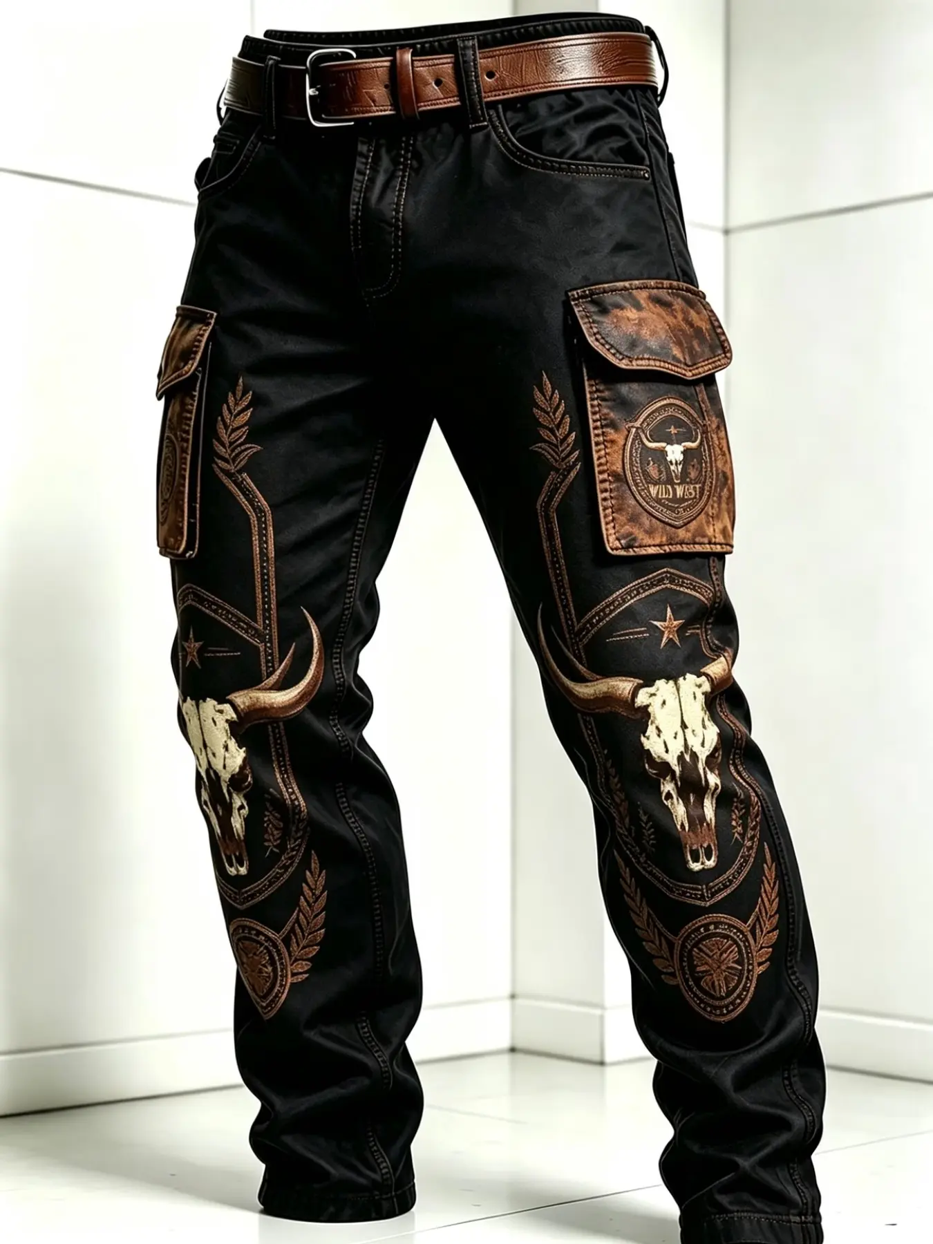 Men's Western Retro Digital Print Cargo Pants, All-Season Straight Leg Long Pants, Bull Skull Pattern, Casual Outdoor Commute Wear, No Belt Included