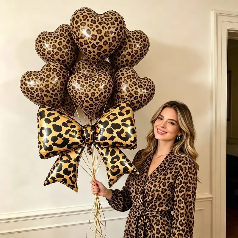 6-piece leopard print bow and heart balloon set, suitable for birthday parties, engagement and wedding venue decorations, and photo atmosphere.