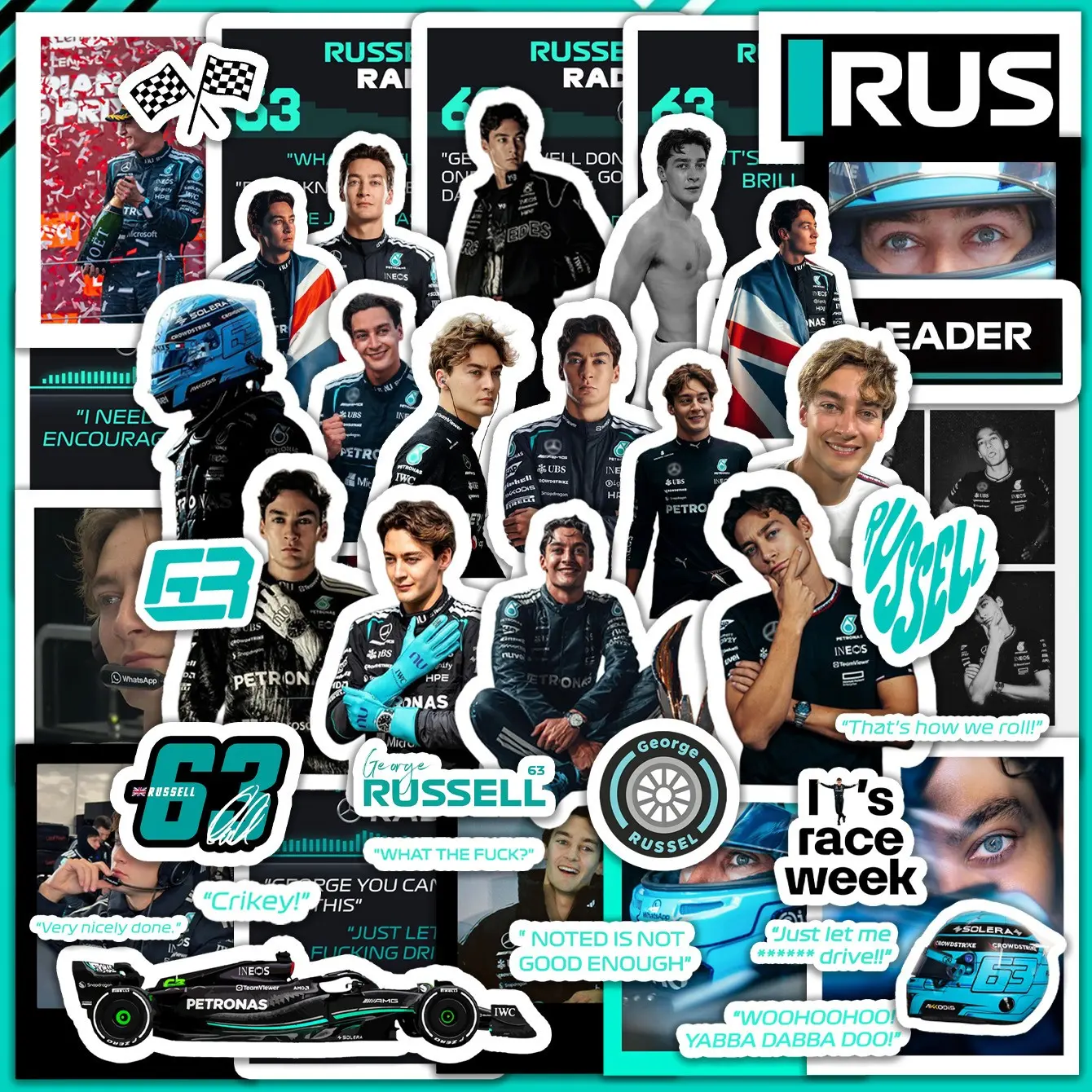 6 Sheets F1 Stickers, George Russell Rus Number 63 Stickers, Phone Case DIY Decor, Water Cup Sticker, Birthday Party Decoration