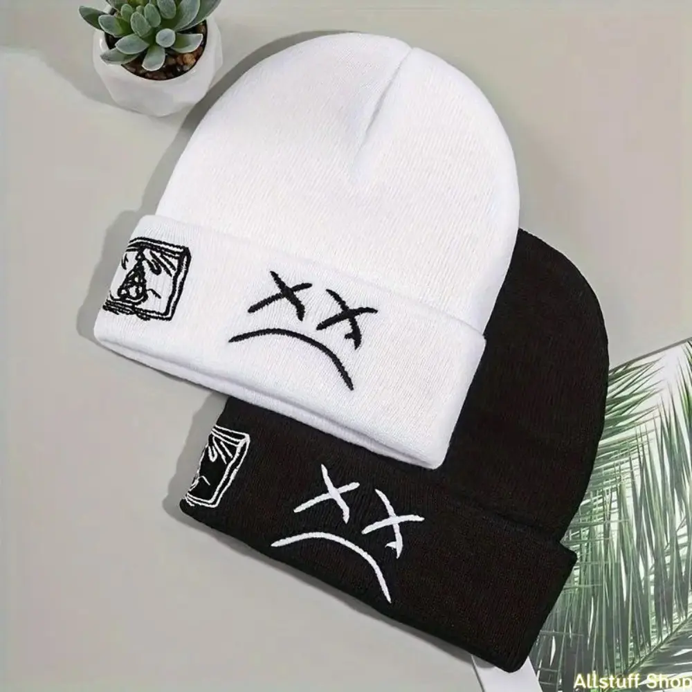 Sad Face Embroidered Cuffed Knit Hat, Warm Winter Beanie for Hip Hop Style, Unisex Men's Hats & Accessories for Women, Knit Hats, Beanie Fitted