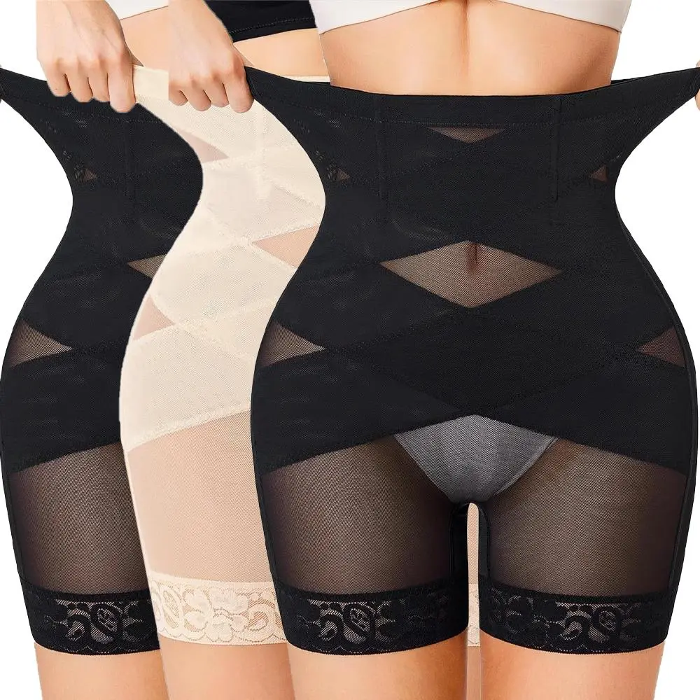 Women's High-Waist Basic Style Lace Shapewear Shorts - Tummy Control, Body Slimming, Leg Shaping, Butt Lifting, Thigh Sculpting Panties for Everyday Elegance & Casual Wear, Solid, Body-Fit Leg Shaping Shorts