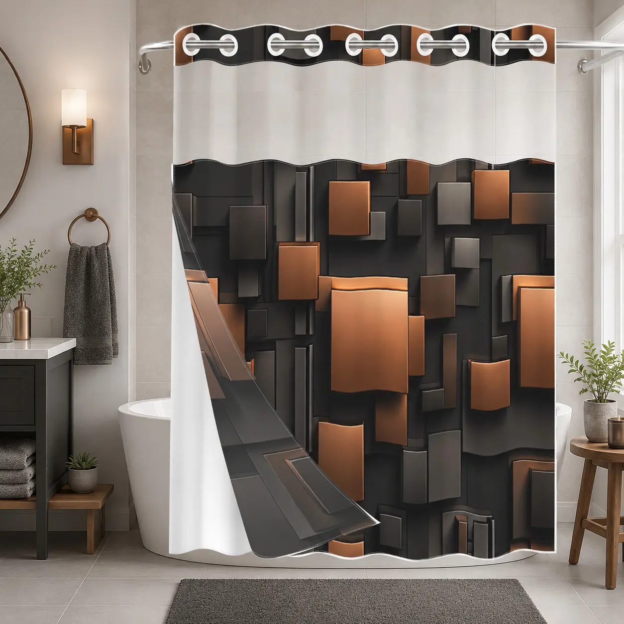 1Pc Hookless Double Layer Shower Curtain, Bathroom Shower Curtains, Black Brown 3D Geometric Block Print, Modern Luxury Bathroom Decor Curtain, Water Repellent Washable Fabric, Removable Snap-in Liner, Top See-Through Window, For Apartment, Hotel
