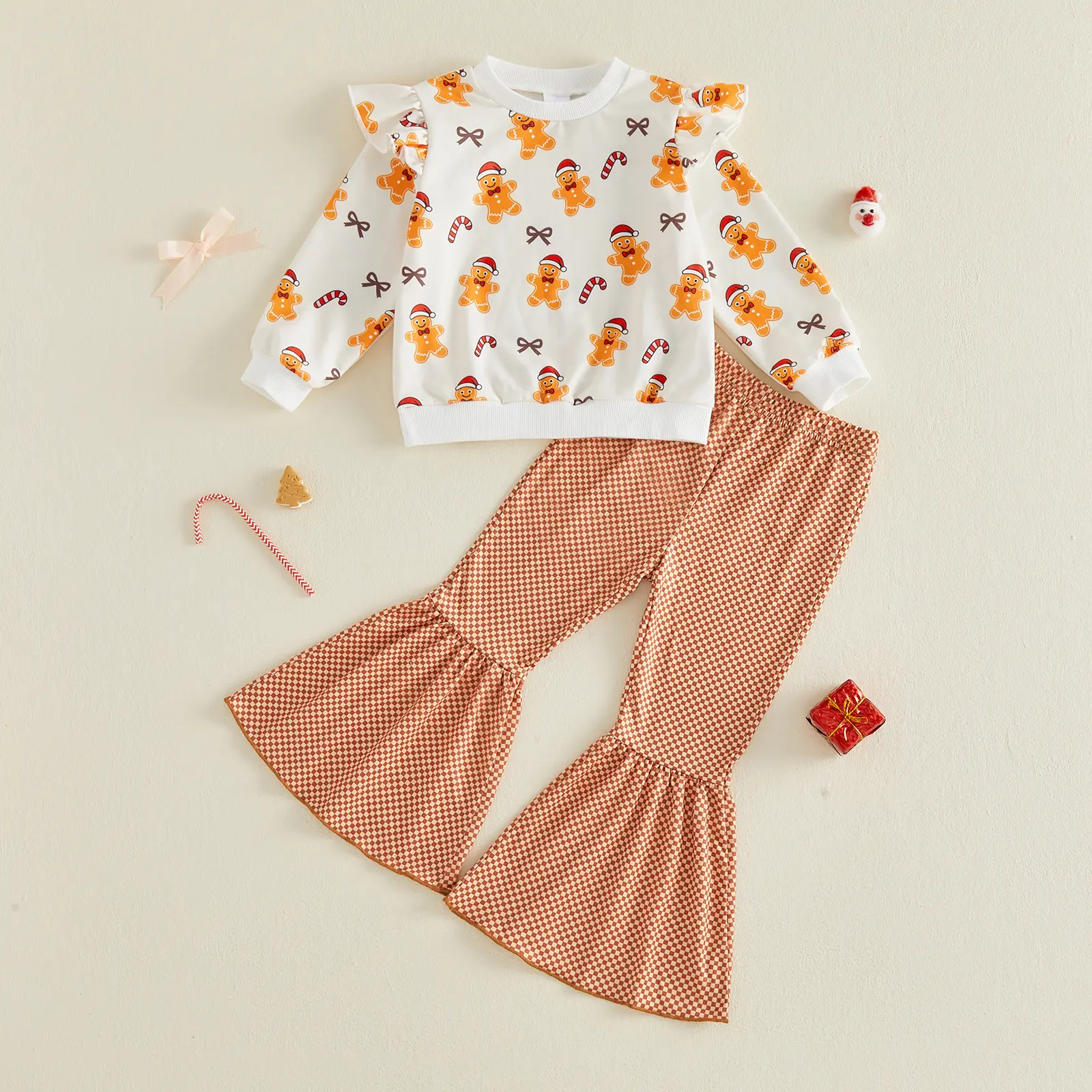 Canrulo Toddler Baby Girls Christmas Outfit Gingerbread Man Print Ruffle Long Sleeve Sweatshirt Gingham Flare Pants 2Pcs Fall Winter Clothes 12M-6T