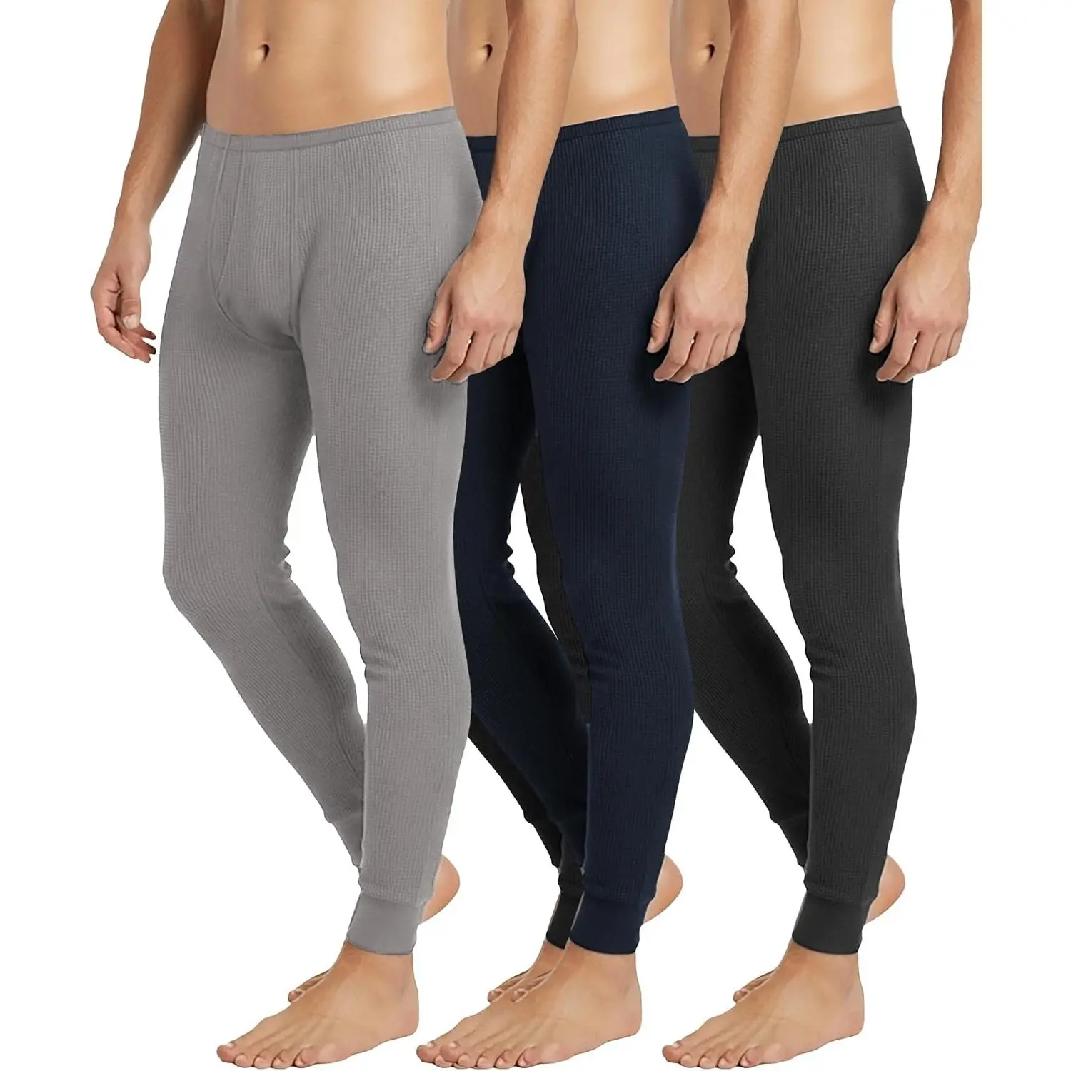 Men's Classic Stretchy Long Traditional Waffle Thermal Underwear Bottoms, Cotton Blend Menswear Baselayer Pants, Outdoor Multi-Packs