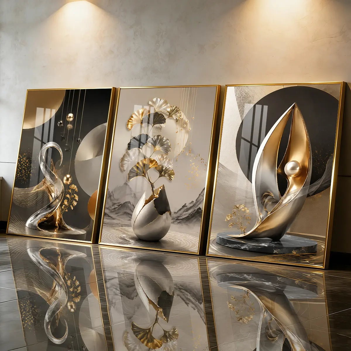 3 Counts Modern Aluminum Alloy Frame Canvas， Golden Abstract Ginkgo And Sculpture Fashion Poster， Perfect Living Room Decoration， Modern Family Art， Light Luxury Bedroom， Corridor， Office Decoration， Waterproof