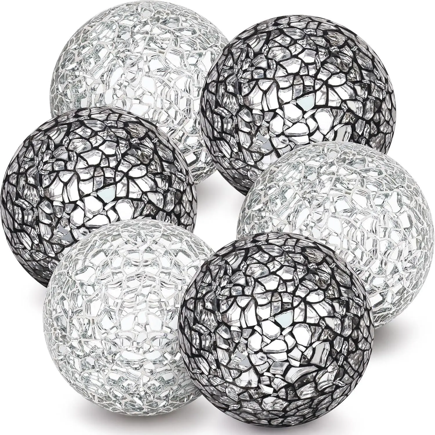 6 Pcs 2.4" Mosaic Glass Decorative Balls, Black & Silver Crackle Orbs, Bowl & Vase Fillers for Table Centerpiece, Christmas Thanksgiving Home Decor