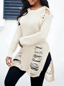 women's plain ripped split hem drop shoulder sweater, casual street fashion long sleeve round neck jumper for daily outdoor wear, sweaters for women, women knitwear for fall & winter