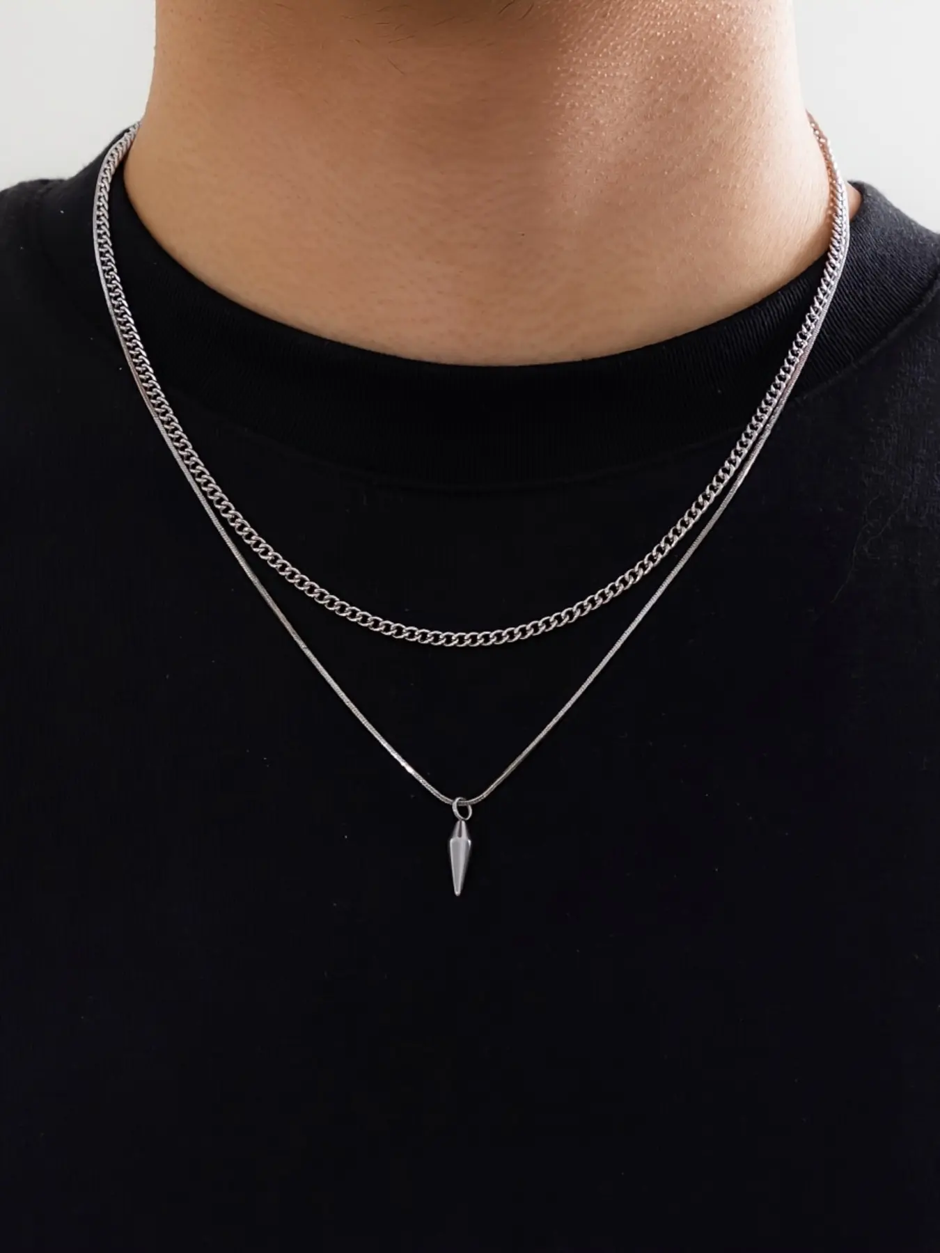 2 Pcs Hip Hop Style Conical Pendant Stainless Steel Men's Necklace, Modern Design, Durable Layered Jewelry, Smooth Chain, Gift Idea