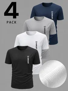 4-Pack Short Sleeve T-Shirts, Gym Training, Outdoor Hiking, Casual Commute, Ariat Letter Pattern, Soft Breathable Fabric, Unisex, Casual Breathable Sportswear