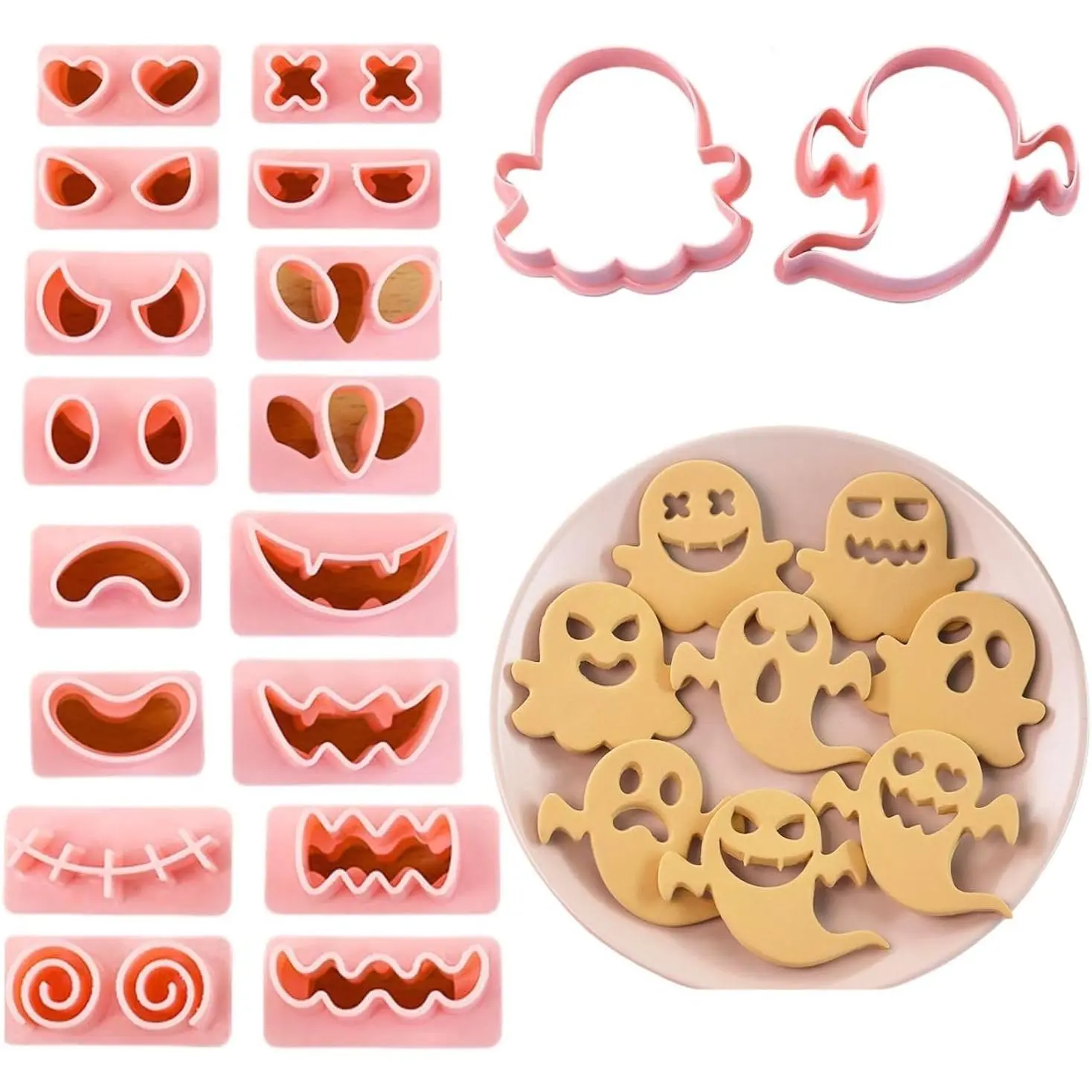 Halloween Cookie  Set, 10 count  Pressable Cookie Cutters | Two  shapes with interchangeable eye and mouth  for 64 spooky expression combinations