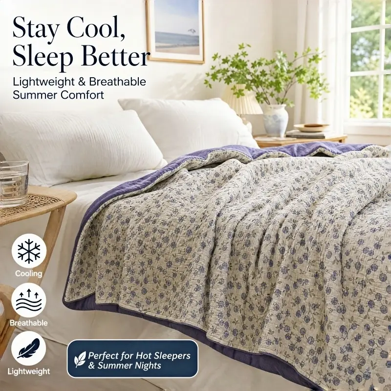 Ultra-Breathable Cooling Quilt Summer Comforter - Cozy, Officeready Cool, 150cmx200cm/59inx79in Floral Print Garden Look Lightweight Blanket, USA Stock, 24hr Ship, 150Cmx200cm/59 Inx79in, Cotton