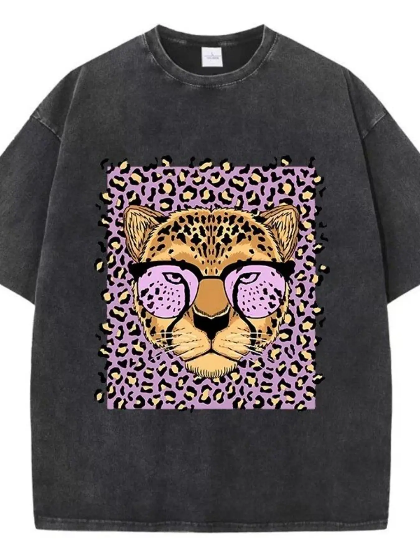 Vintage Washed Y2K Leopard Tiger Cartoon Print T-Shirt, Loose Fit Retro Street Style, Unisex Short Sleeve Top, Summer Casual Tee