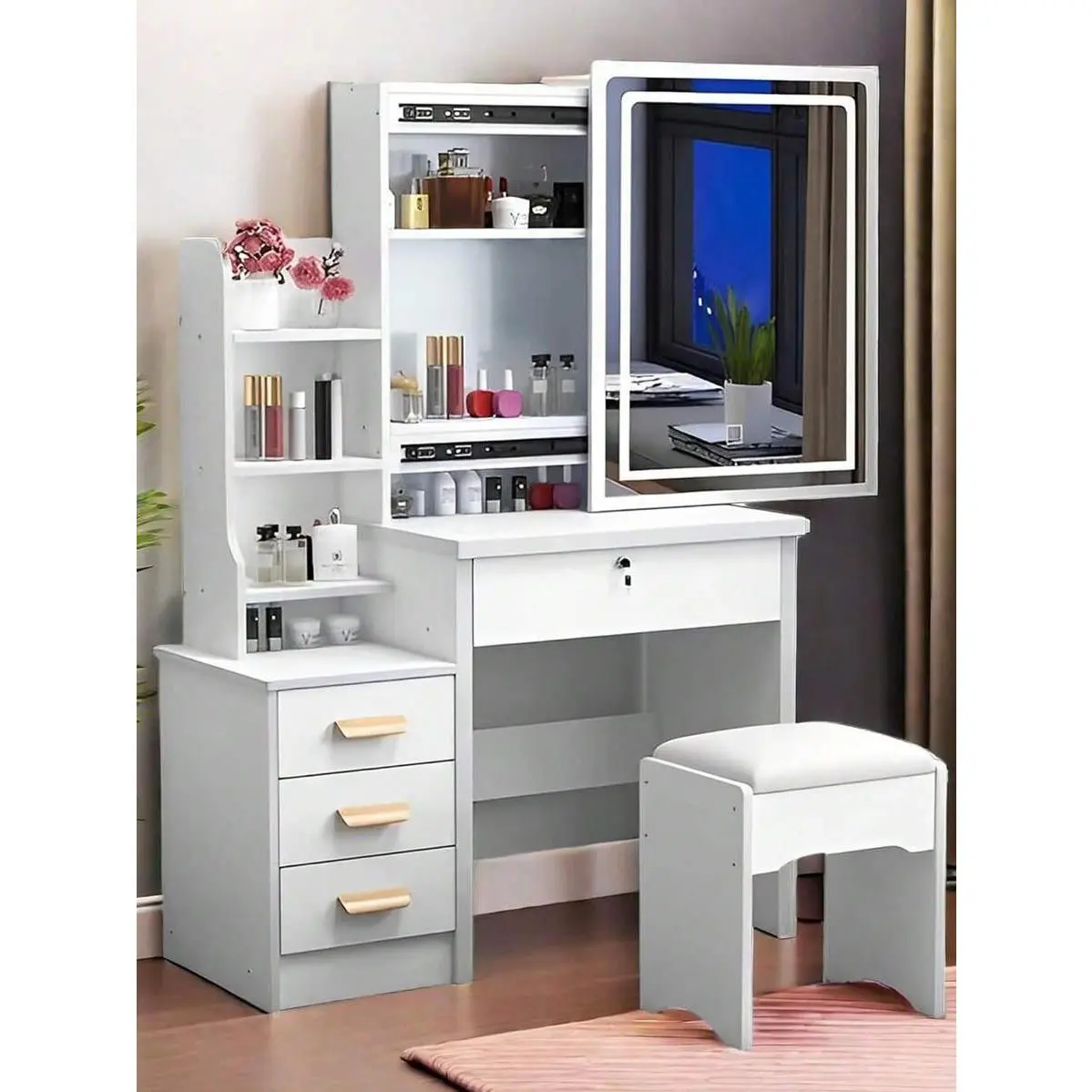 34.8" Elegant White Makeup Vanity Desk With Sliding Lighted Mirror & Touch Control 3-Color Adjustable Lights, 4-Drawer Dressing Table Set With Stool, Storage Shelves –, Vanity Desk With Mirror And Lights, Led Makeup Vanity