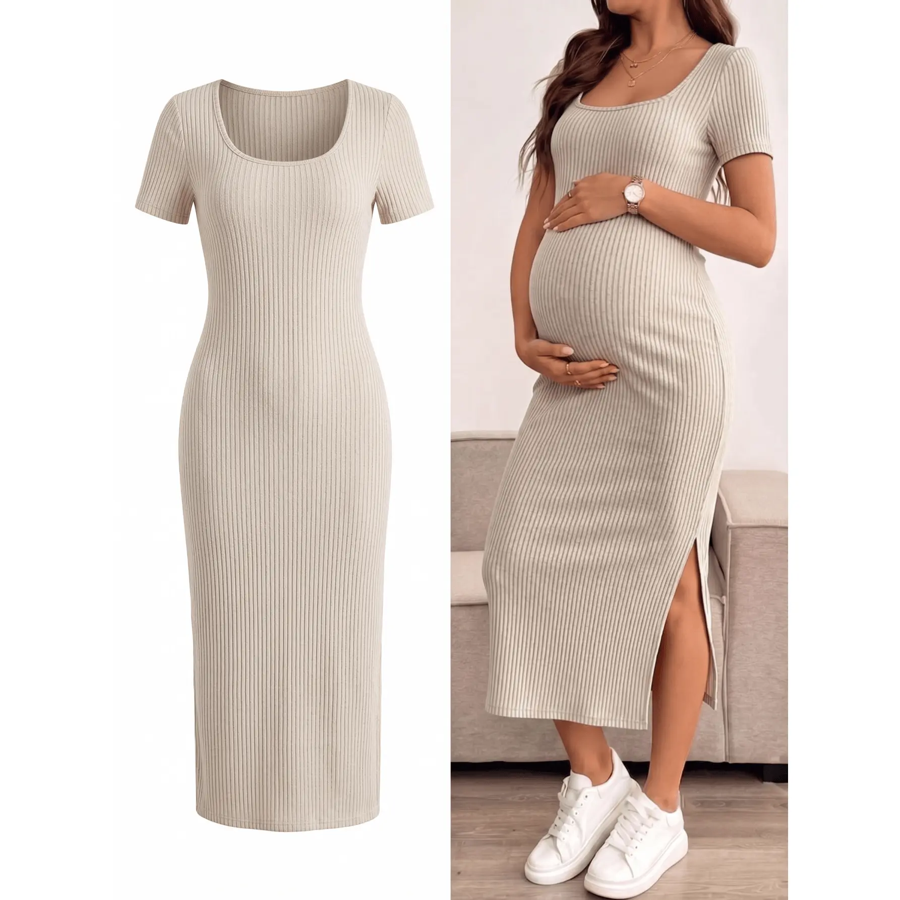 Women's Fitted Short-Sleeve Hip-Hugger Maternity Dress - Summer Casual Prop 65 Safe Snug Flex Maternity Wear