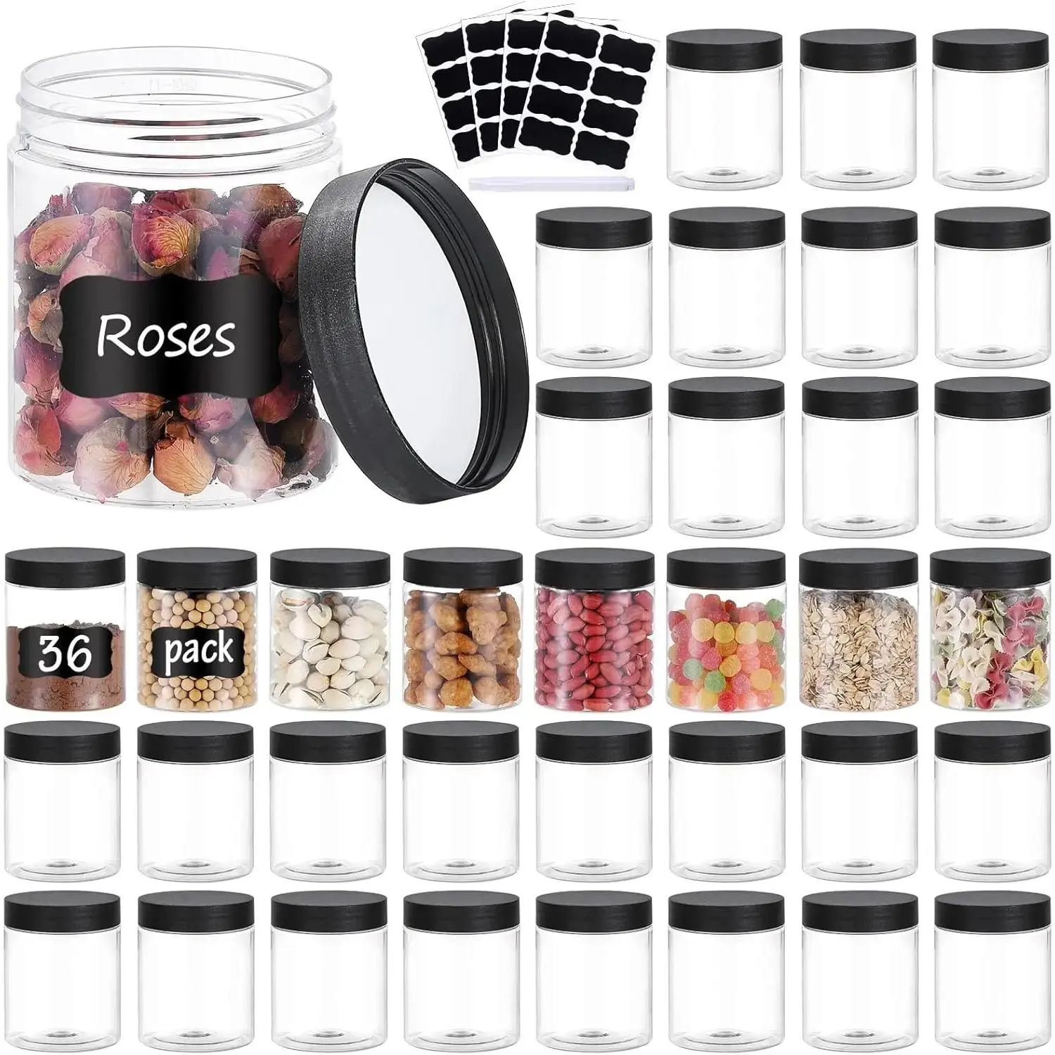 36-Count 8oz Transparent Plastic Canister Jars - Black Spill-Proof Twistable Screw-On Lids, Pens & Labels, Refillable Empty Round Containers for Storing Dry Goods, Honey, Seeds, Ingredients, Collectibles, DIY Projects, Airtight Container