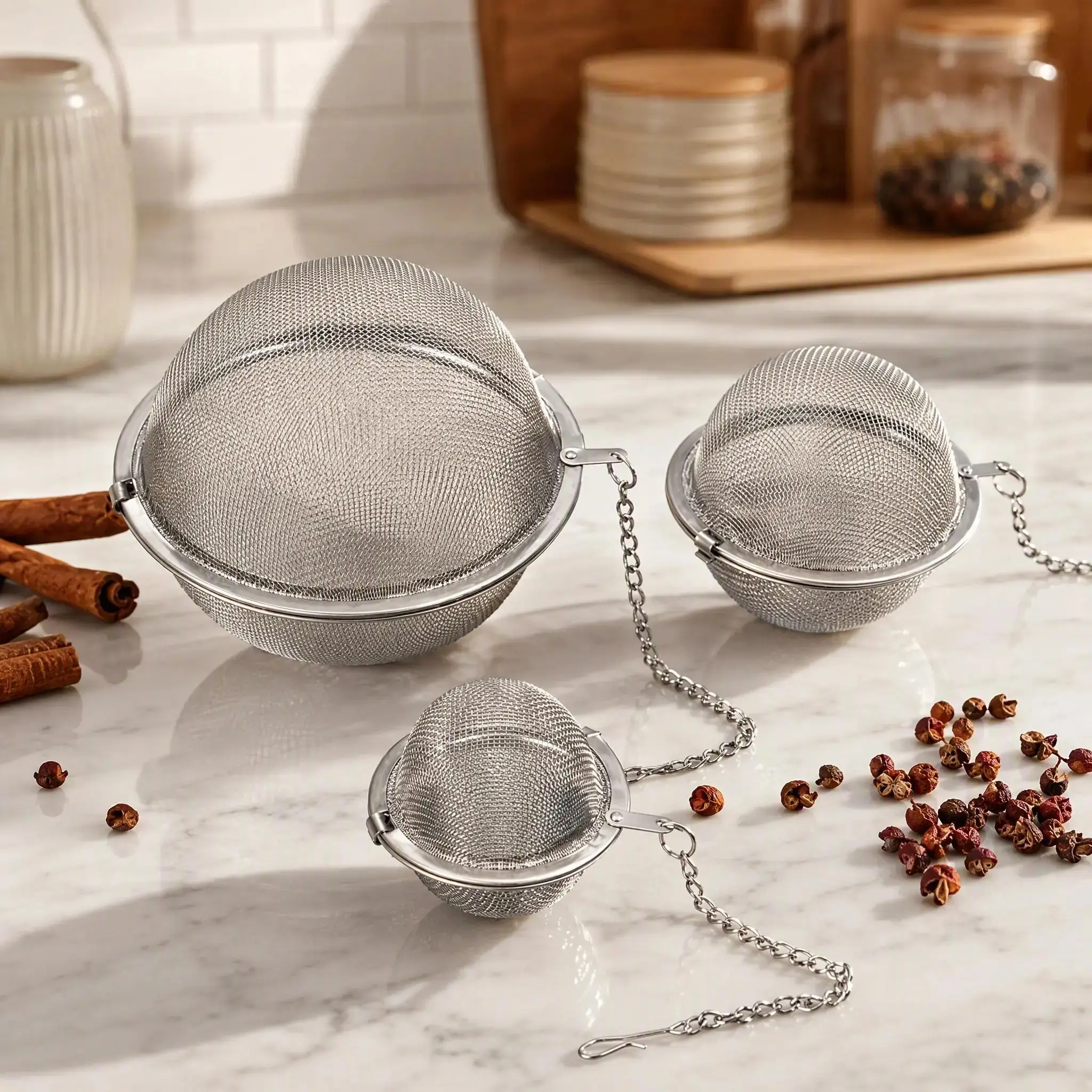 Stainless Steel Spice Infuser Ball with Chain, Fine Mesh Herb & Tea Strainer for Soup, Broth, Stew, Seasoning & Cooking