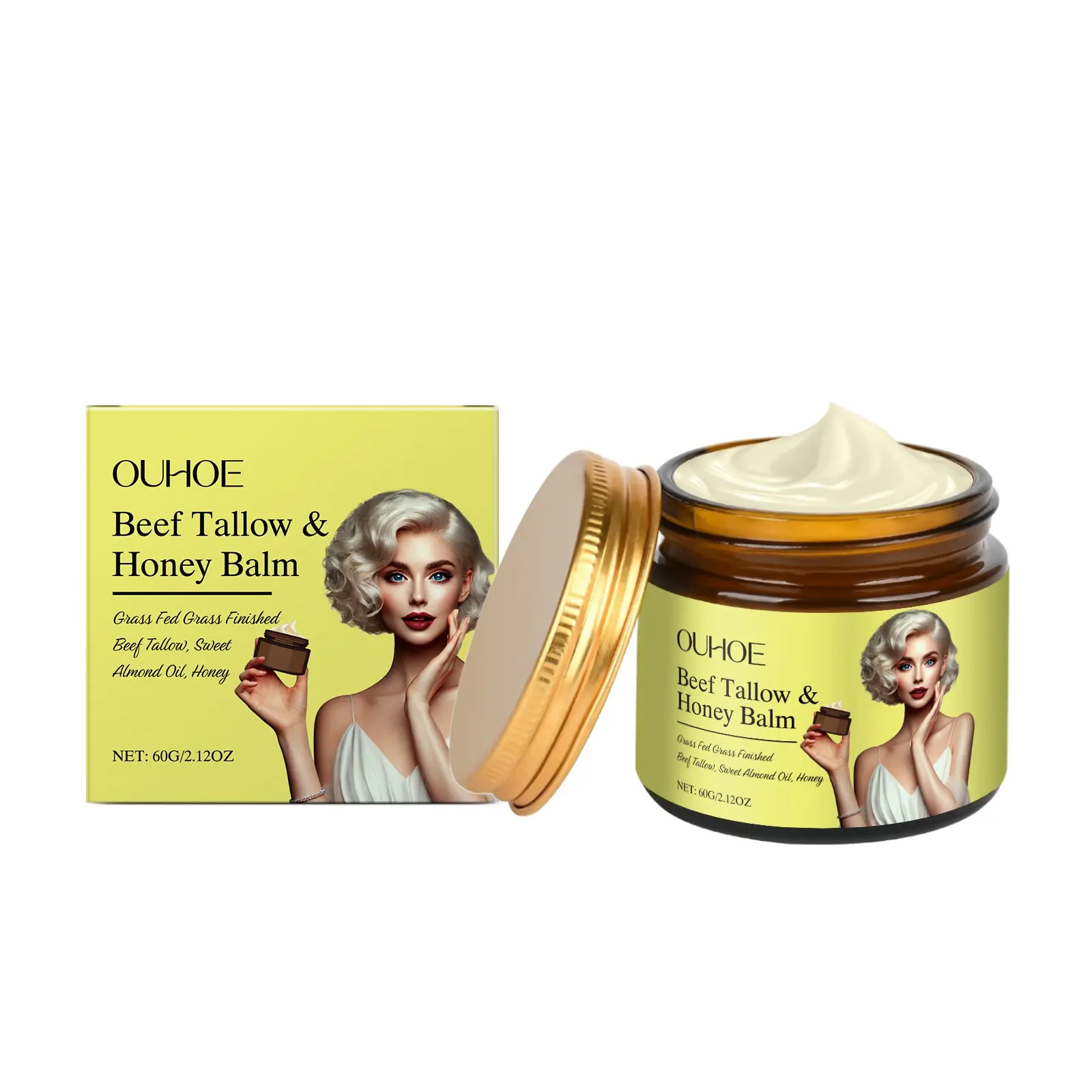 OUHOE Beef Tallow Honey Moisturizing Nourishing Balm - Deep Hydration Lock Moisture Soothe Repair | Hydrating Non Greasy Face & Body Use