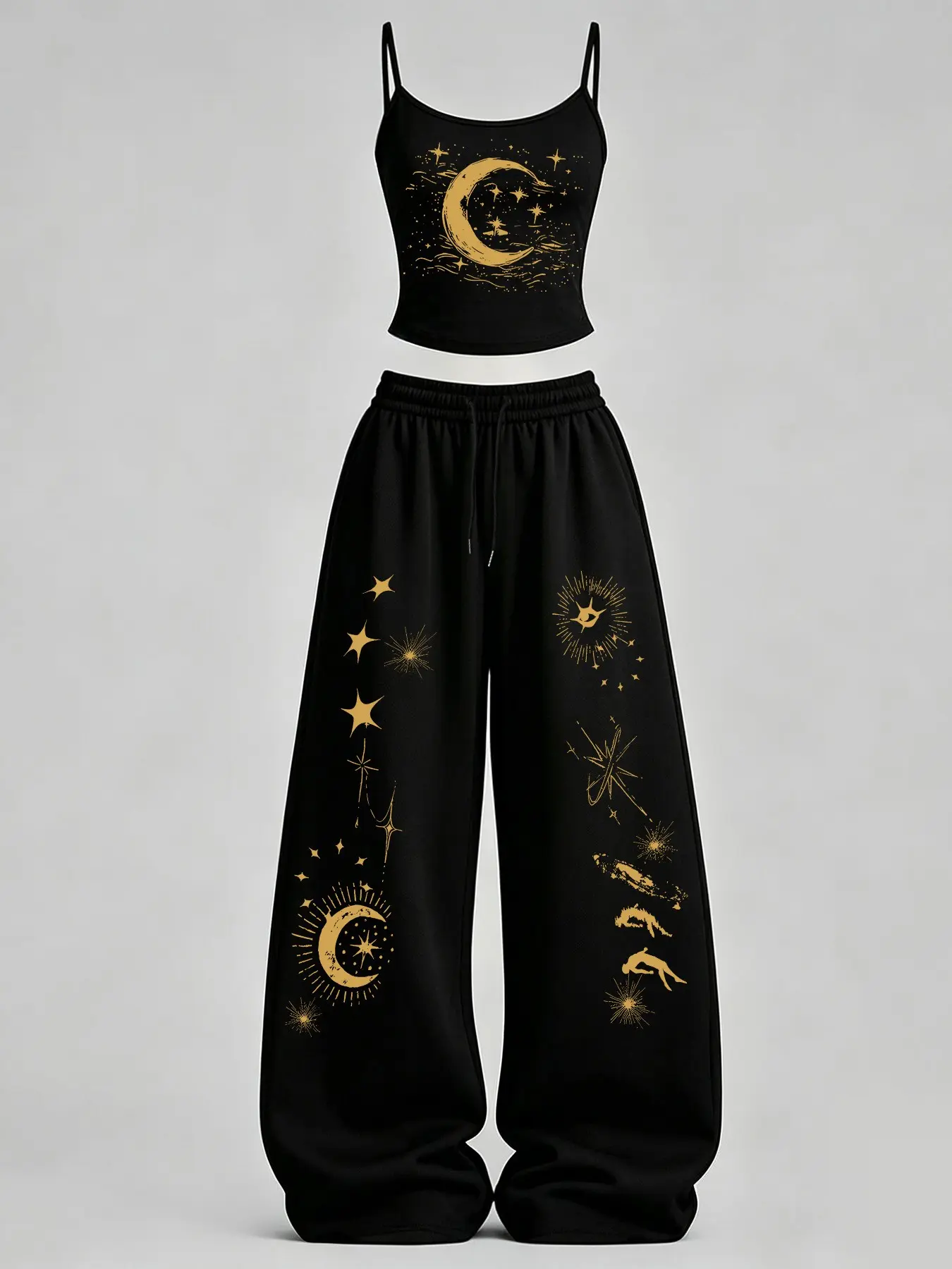 Women's Casual Home Wear Set, Star Moon Print Slim Fit Tank Top + Loose Pants, Y2K Street Style, Daily Commute, Campus, Home Relax