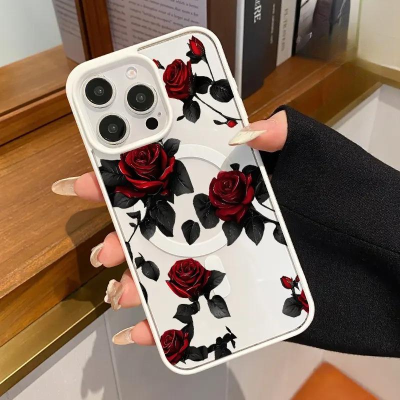 Elegant Red Roses Pattern Magnetic Phone Case Shockproof Non Slip Protection TPU Transparent Acrylic Cover Cellphone Protective   Supports Wireless Charging Smartphone for iPhone 17 15 16 14 Pro Max 13 12 Air Plus