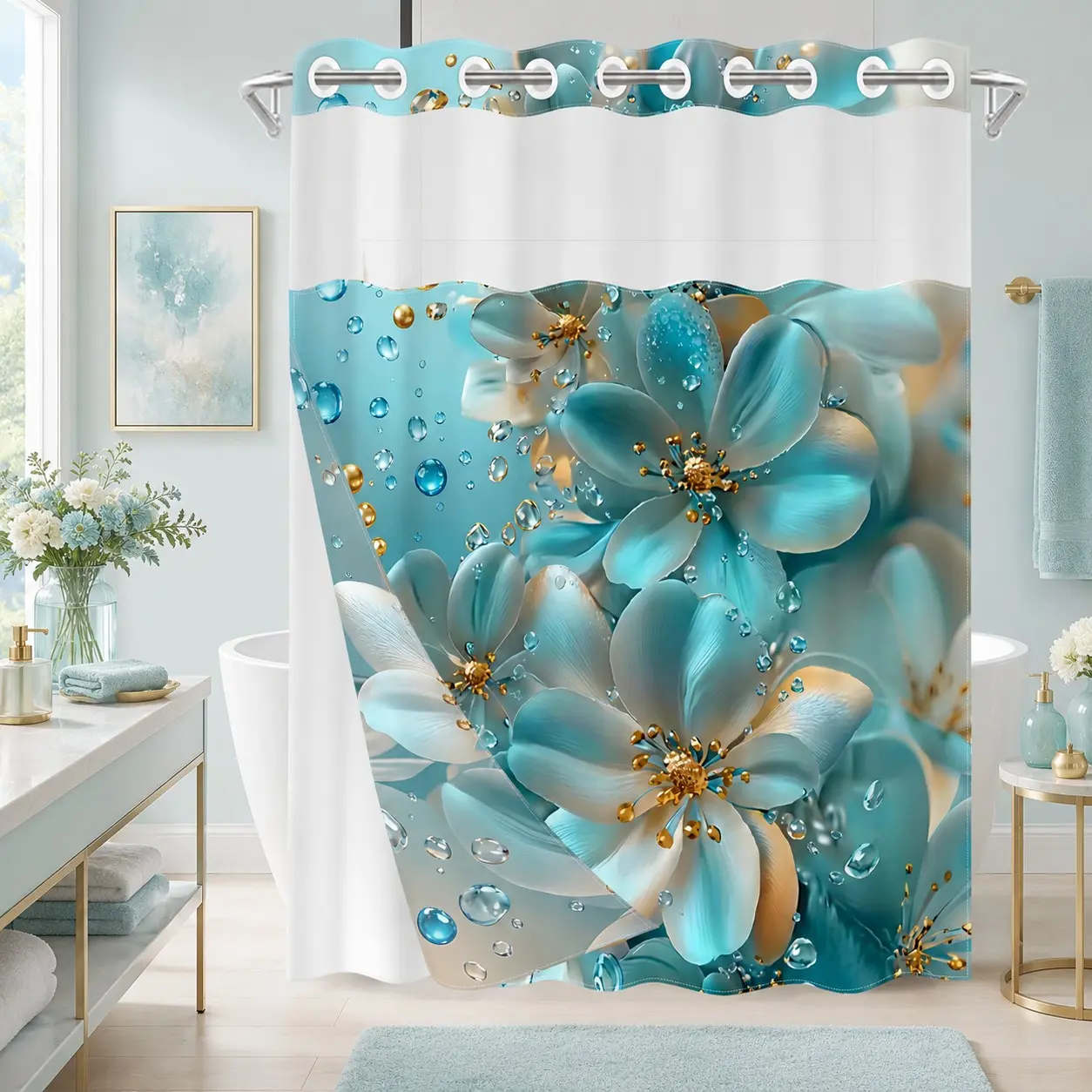 1Pc Hookless Double Layer Decorative Aesthetic Shower Curtain, Aqua Blue 3D Floral Waterdrop Print, Elegant Luxury Bathroom Decor, Water Repellent Washable Fabric, Removable Snap-in Liner, Top See-Through Window, For Apartment, Hotel, Guest Bath, RV