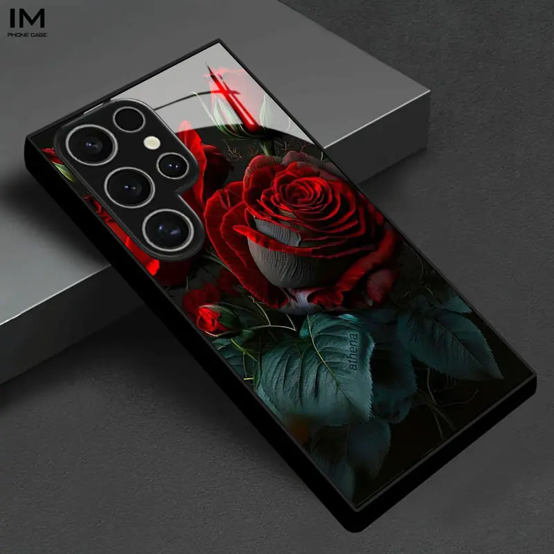 Tempered Glass Phone Case with Deep Red Rose Print, Fits Various Galaxy Models Including S26 S25 S24 S23 S22Pro S21 S20 Fe Plus Ultra Pro A56 A55 A54 A53 A52 A51 A36 A35 A34 A32 A26 A25 A24 A23 A16 A15 A14 A06 A05 A03s