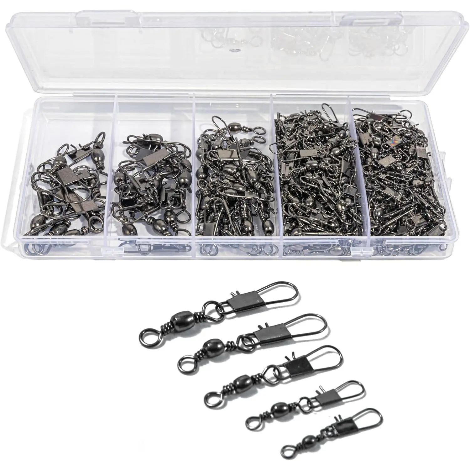 100 count Fishing Swivels, 5 Sizes Barrel Snap Swivel Fishing Tackle for Quick Linking of Lures and Lines