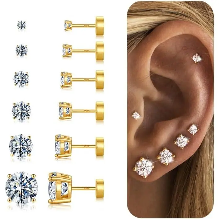 6 Pairs Hypoallergenic Flat Back Earrings for Women,Ball Stud Earring Set| Cartilage Earrings for Sensitive Ears,Cubic Zirconia Ball Pearl Earring,Screw Back Helix Conch Piercing Sets,Jewelry Gifts