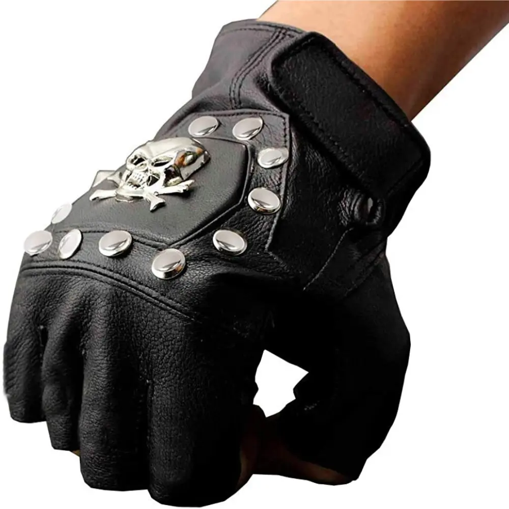 Men's Genuine Leather Skull Motif Fingerless Gloves - Male Gothic Steampunk Biker Vintage Style with Rivets for Everyday Use