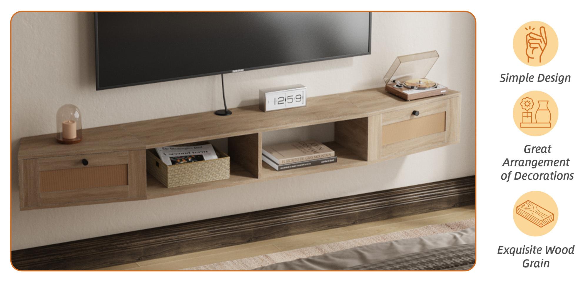 70"x8" Modern Floating TV Cabinet, Wall-Mounted with Rattan-Woven Drawers & Open Shelf, Space-Saving Design for 55-75 Inch TVs, Ideal for Living Room, Bedroom, Light Brown