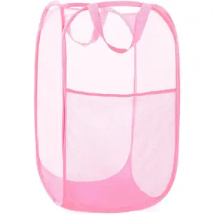 Durable Collapsible Laundry Baskets - Reinforced Mesh Pop Up Laundry Hamper with Side Pocket, Foldable Clothes Storage Hamper with Carry Handles for Laundry, Bathroom, Kids Room, Dorm or Travel Pink