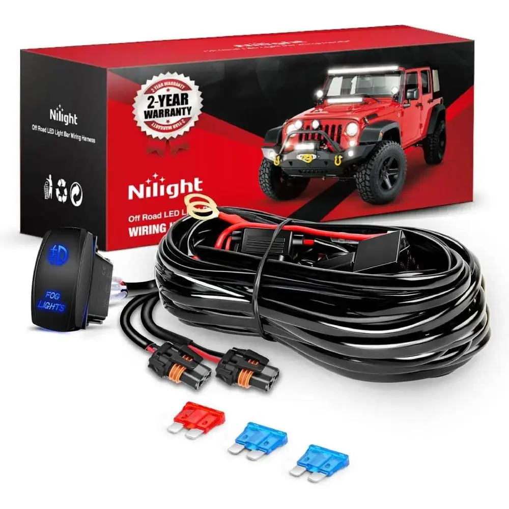 Nilight 1 x 16AWG 12V Heavy Duty Fog Light Wiring Harness Kit, 5-Pin Rocker Switch, 15A Relay, 180W Blade Fuse Socket Connector For H11 H9 H8 886 889 892 PGJ13 Bulbs