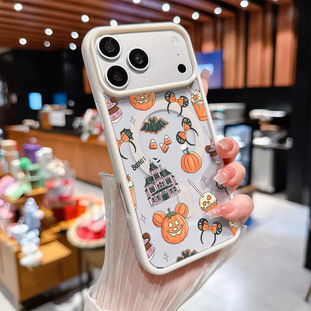 Magnetic Phone Case for iPhone Series (17,16 Pro Max Plus,15,14,13,12,11,Air) - Halloween Whimsical Aesthetic Pattern, Acrylic Back, TPU Edges Bumper, Shock-Resistant, Skin-Friendly, Multi-Model Fit, Smartphone, Handheld