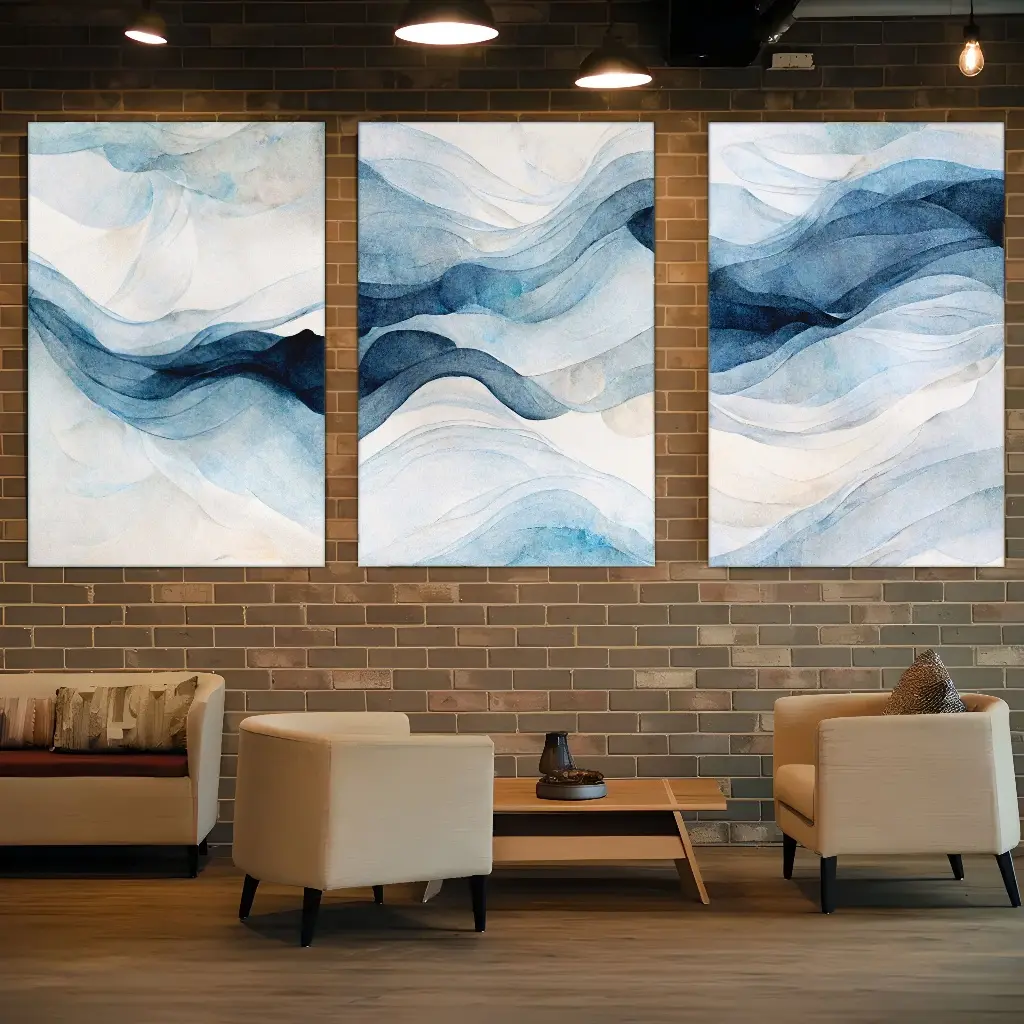 2D Flat Print Wrapped Canvas Print Set of 3, framed canvas art prints ideal for stylish home decor. Available with wooden frames, featuring navy blue abstract minimalist designs, perfect wall decorations for living rooms, homes, dorms, cafes and bars