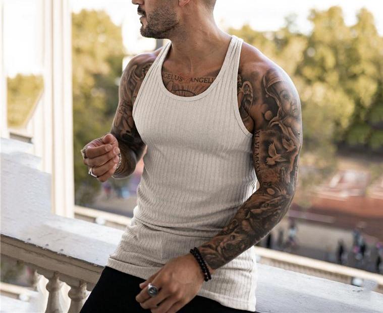 Pit Stripes Knitted Y Back Fitness Tank Tops Mens Bodybuilding Stringer Singlets Slim Fit Muscle Sleeveless Shirt Gym Clothing