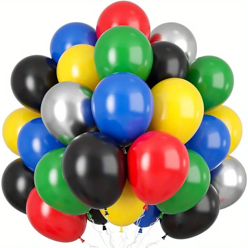 55 superhero themed party balloon sets - vibrant red, yellow, green, blue, black, and metallic silver latex balloons suitable for Birthday Decorations, weddings, wedding showers, gender unveiling, and showers