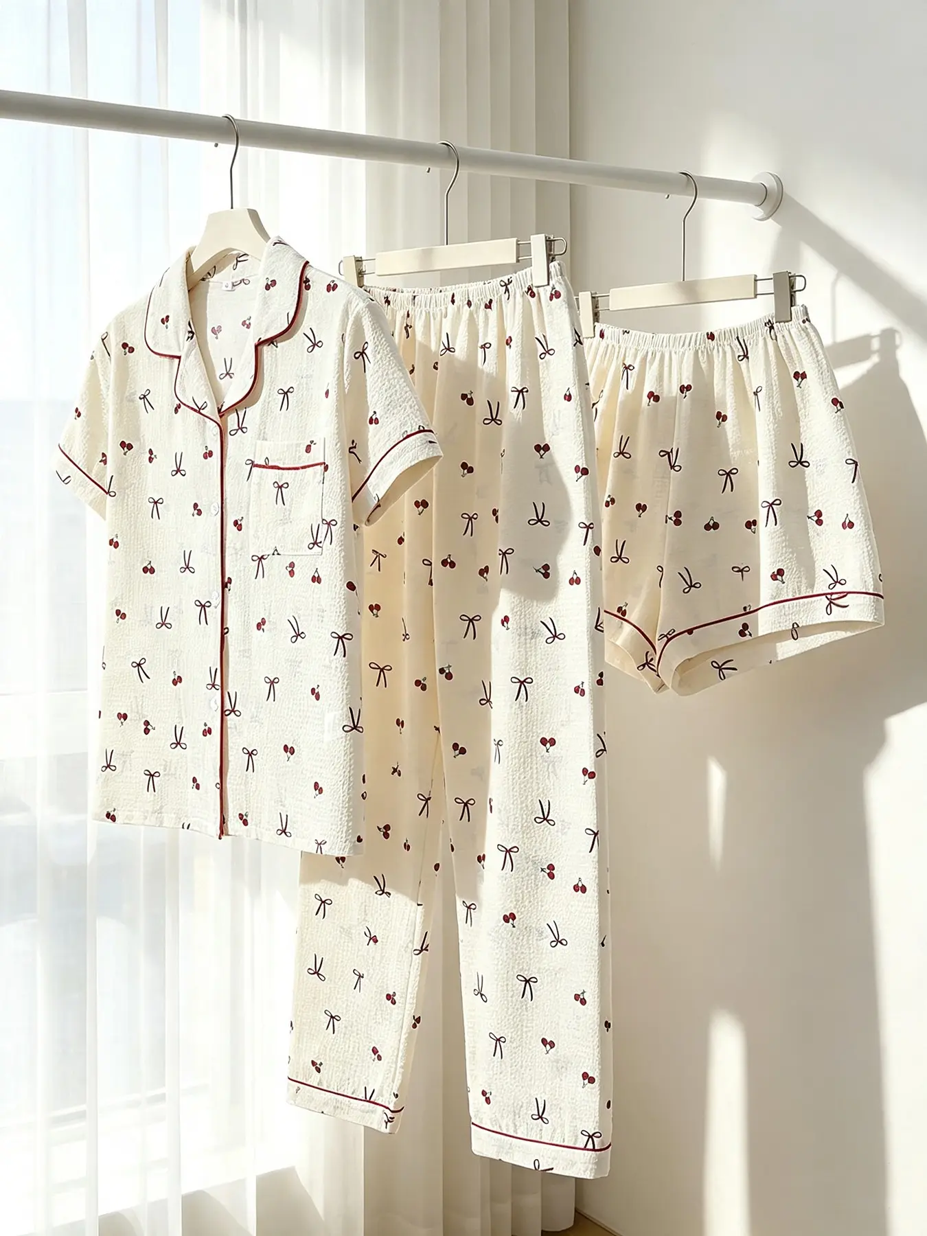 Women's 3-Piece Button-Down Pajama Set, Cream Mini Cherry Bow Print, Classic Collar, All Season Wear, Loose Fit, Casual Lazy Day-to-Night Loungewear for Home & Casual Outings, Matching Pyjamas