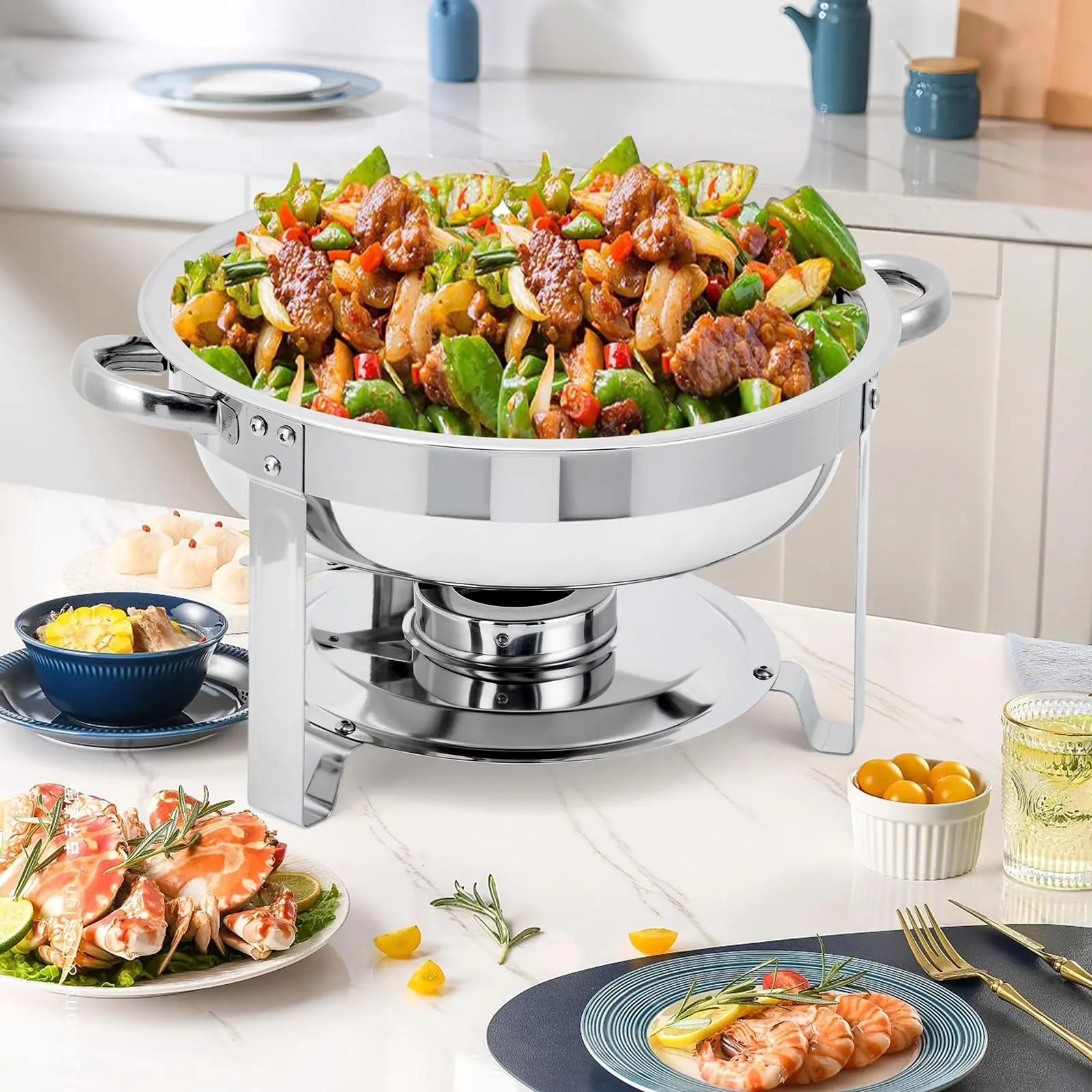 GARVEE 5QT Chafing Dish Buffet Set, 6 Pack Stainless Steel Round Chafers with Glass Lids, Food & Water Pans, and Fuel Holders for Catering, Events, Weddings, and Parties