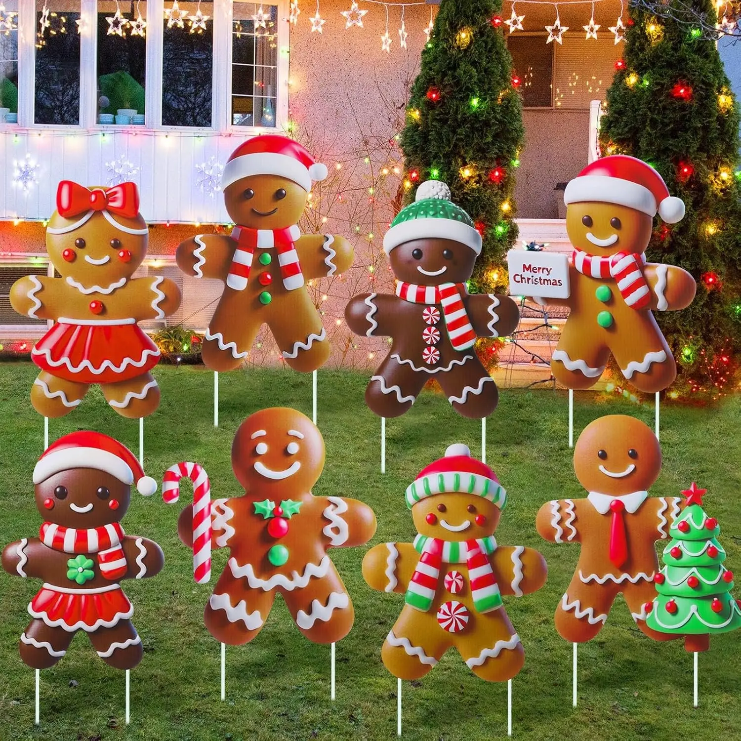 8 Pcs Christmas Gingerbread Man Yard Signs with Stakes, 3D Gingerbread House Decoration, Xmas Yard Stakes for Garden Patio Party Favors